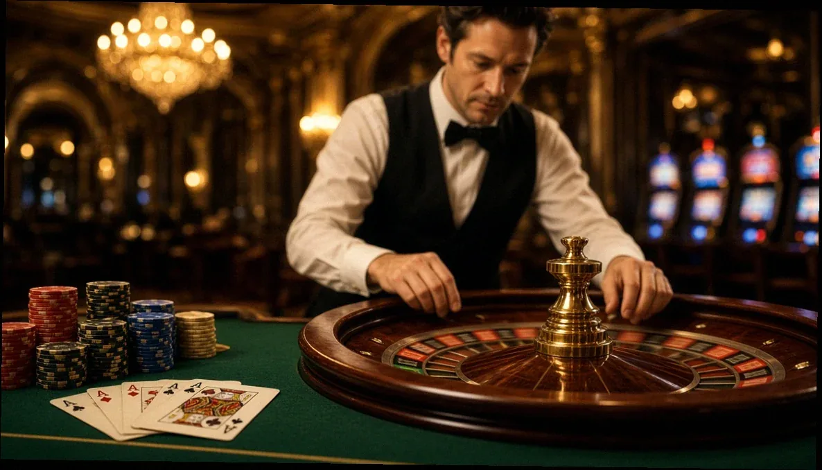 Table de casino avec roulette, cartes, jetons et croupier